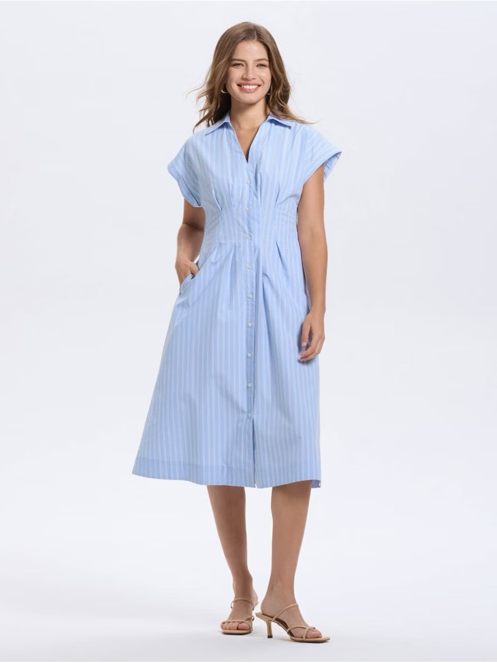 a new day Light Blue Striped Midi Shirt Dress b168s
